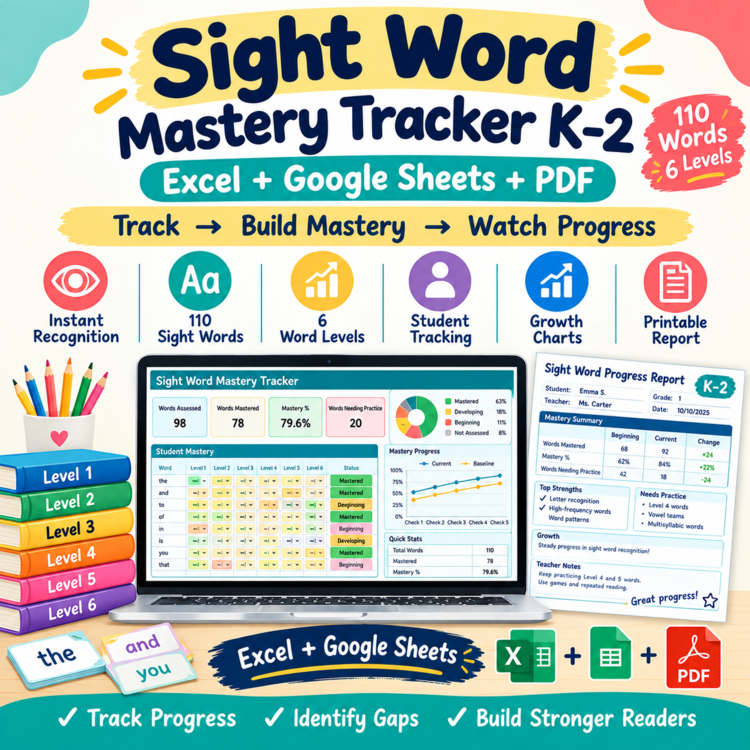 Sight Word Mastery Tracker K–2 | Excel + Google Sheets + PDF