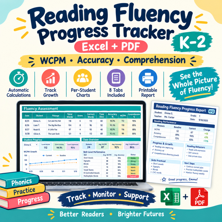Reading Fluency Progress Tracker K–2 | Excel + Google Sheets + PDF
