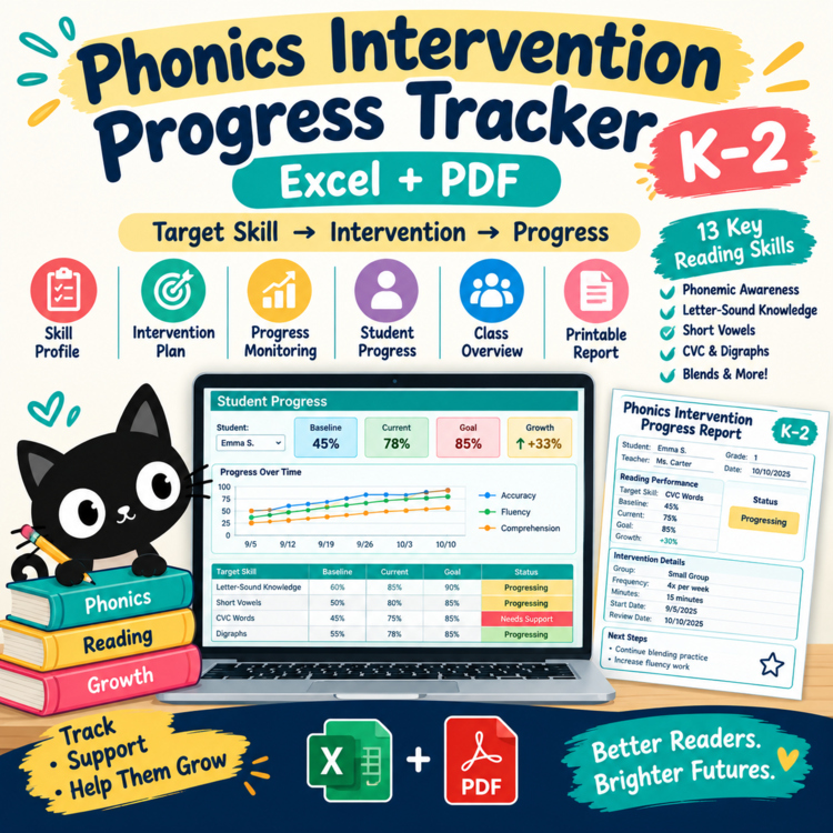Phonics Intervention Progress Tracker K–2 | Excel + PDF