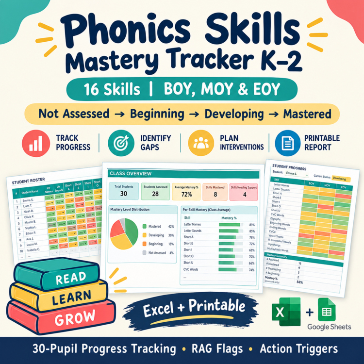 Phonics Skills Mastery Tracker K–2 |16 Skills |BOY, MOY & EOY |Excel + Pdf Print