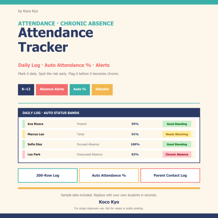 Attendance Tracker | Daily Log, Chronic Absence Flags & Parent Contacts | Excel