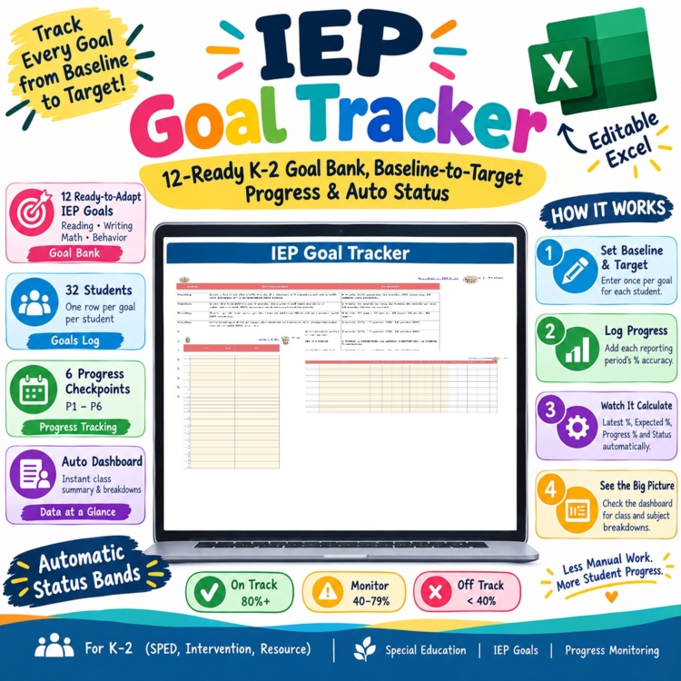 IEP Goal Tracker | 12-Ready K-2 Goal Bank, Baseline-to-Target Progress & Auto St
