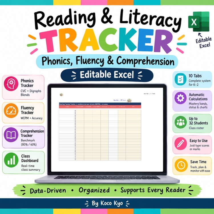 Reading & Literacy Tracker | Phonics, Fluency & Comprehension | Editable Excel