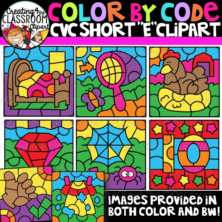 CVC Short E Color By Code Clipart {Short E clipart}