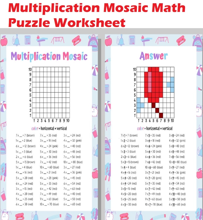 Multiplication Mosaic Math Puzzle Worksheet, 21 Multiplication Mosaic