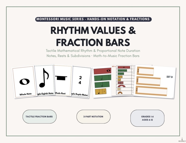 Rhythm Values Fraction Strips & Montessori 3-Part Cards | Measure Building Trays