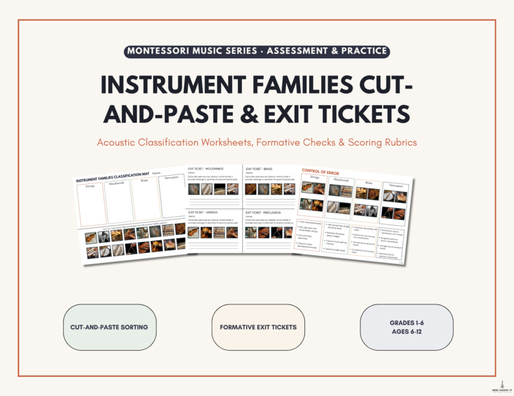 Instrument Families Cut and Paste Worksheets, Exit Tickets & Assessment Rubric
