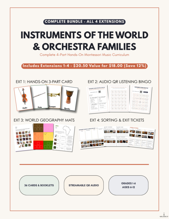 Instruments of the World & Orchestra Families Unit Bundle | 3-Part Cards & Audio