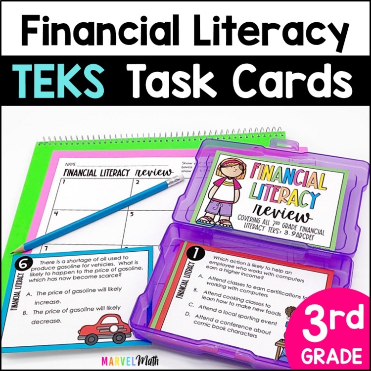 3rd Grade Financial Literacy TEKS STAAR Review Task Cards - Print