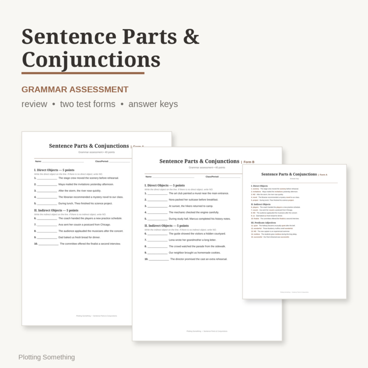 Sentence Parts & Conjunctions Grammar Test | 2 Forms, Review & Answer Keys