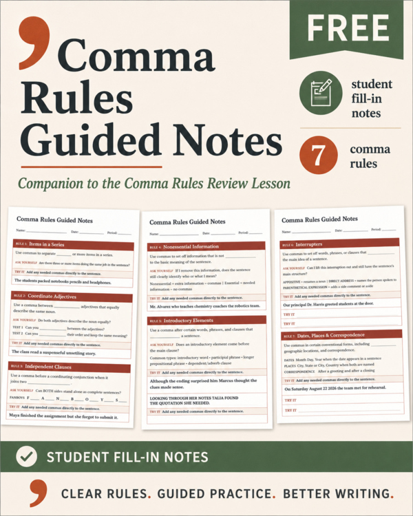 Comma Rules Guided Notes | FREE Grammar & Punctuation Review