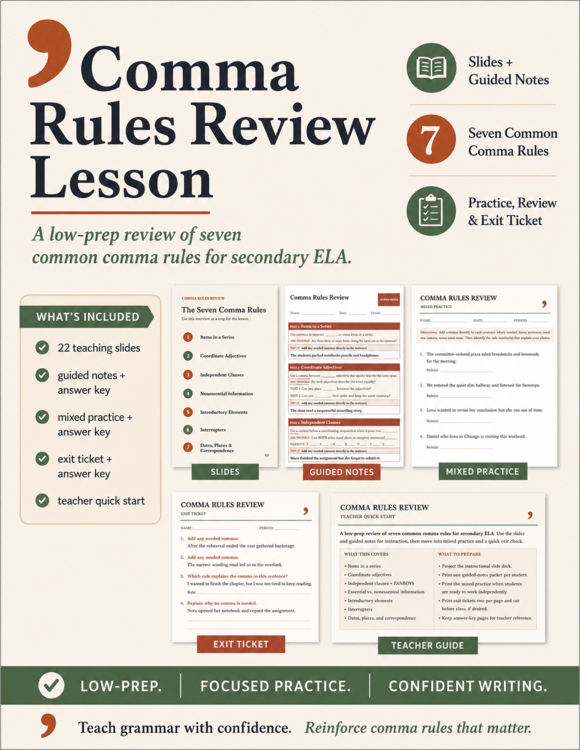 Comma Rules Review Lesson | Guided Notes, Practice, Slides & Exit Ticket