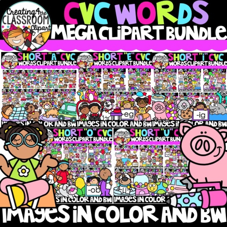 CVC Mega Clipart Bundle | CVC Words Clipart | Phonics & Short Vowels
