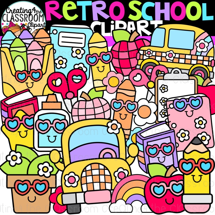Retro School Clipart {Retro Classroom Clipart}