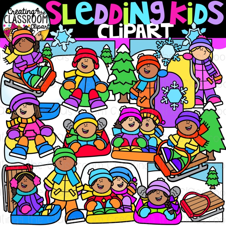 Sledding Kids Clipart {Winter kids Clipart}