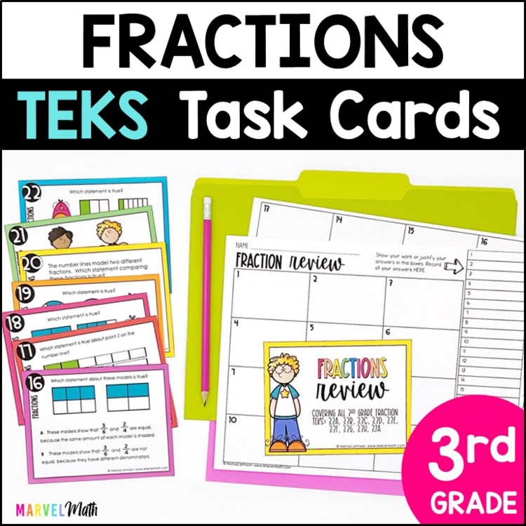 3rd Grade Fractions TEKS STAAR Review Task Cards - Print