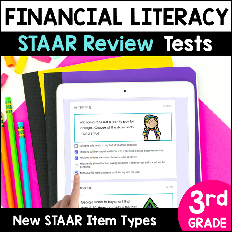 3rd Grade Financial Literacy TEKS Tests - Printable PDF and Digital Google Forms