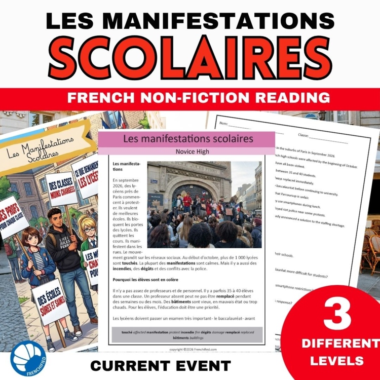 French Current Events Reading: School Protests in France | 3 Levels + Questions