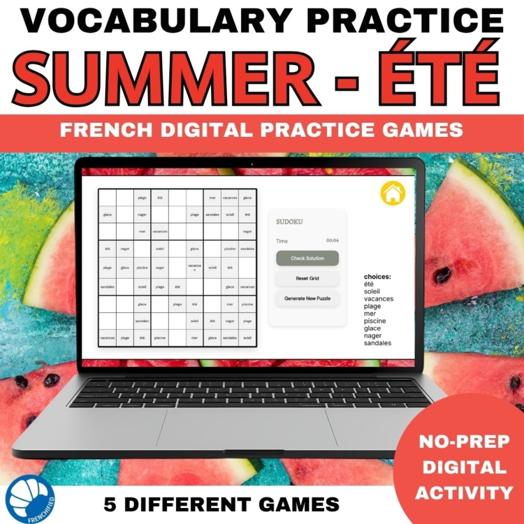 French vocabulary activity practice games summer l'été NO PREP self-grading
