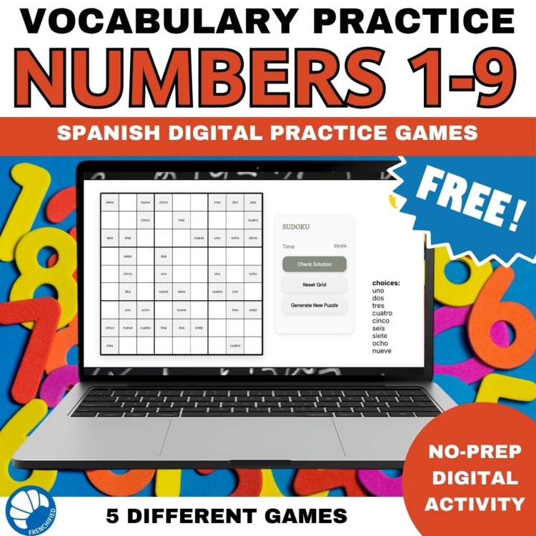 Spanish numbers 1-9 activity practice games 6 different no prep activities