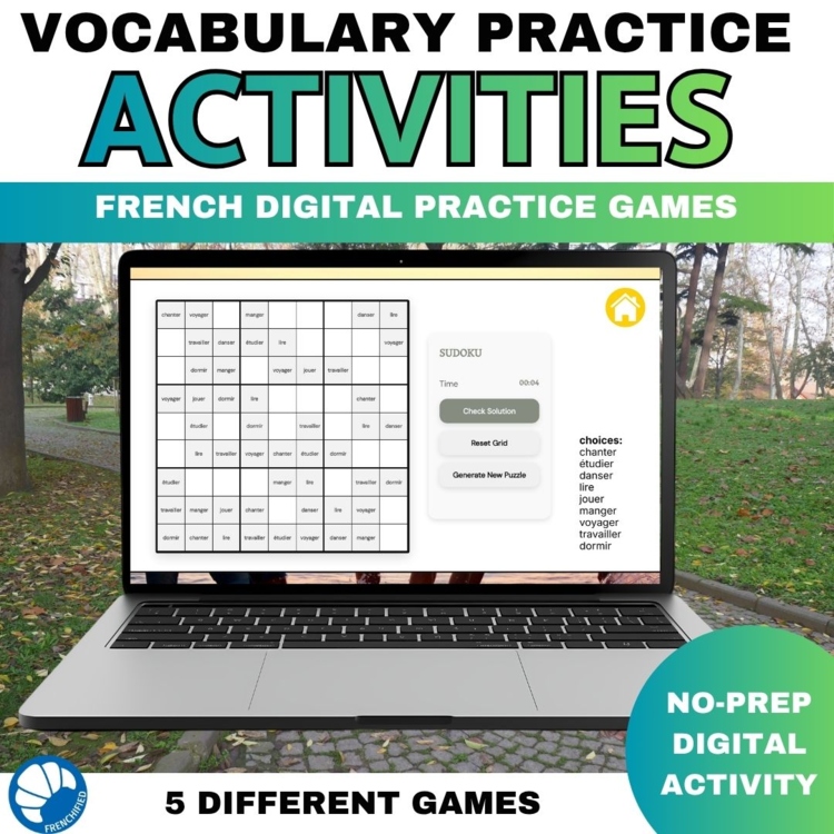 Action Verb Vocabulary Game in French with 6 different Activities