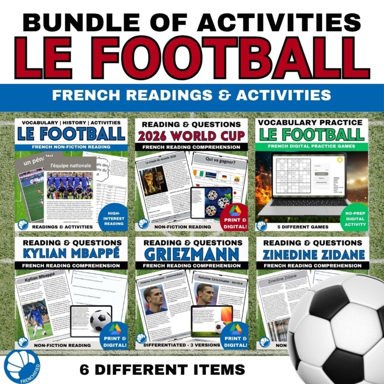 French le football Soccer activities reading comprehension and vocabulary bundle