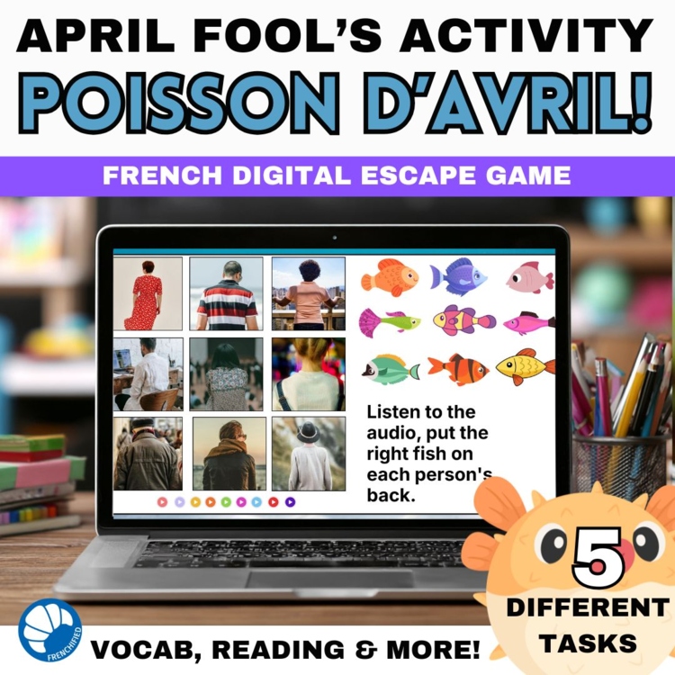 April Fools Day French digital escape game in French - reading, vocab, listening