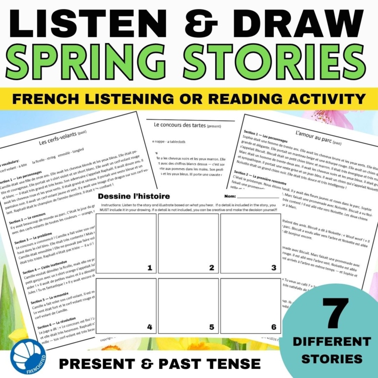 Printemps French listening comprehension Spring listen and draw activity