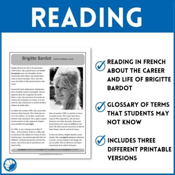 Brigitte Bardot French Reading Comprehension, 3 different Reading Levels, image 3