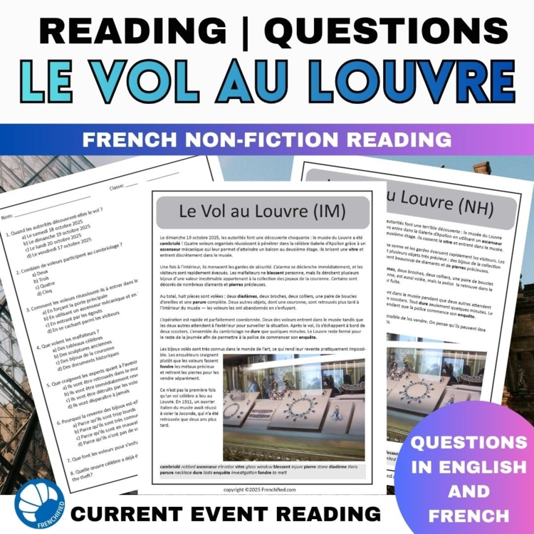 Louvre theft French reading comprehension activity differentiated 3 versions
