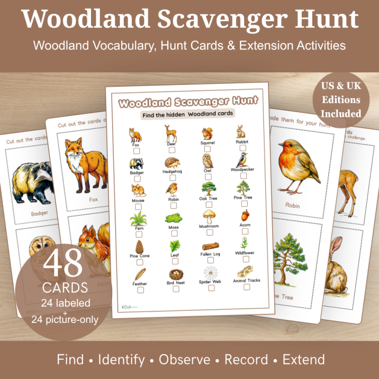 Woodland Scavenger Hunt – 48 Printable Cards & Nature Activities