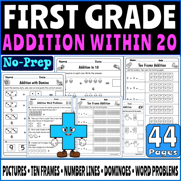 First Grade Addition Within 20 – No-Prep Math Worksheets & Activities