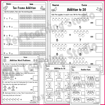 First Grade Addition Within 20 – No-Prep Math Worksheets & Activities, image 4