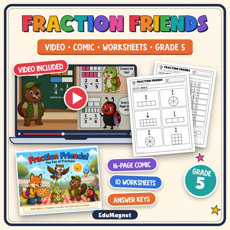 Fractions Bundle Grade 5 | Video Lesson, Comic Book & Worksheets | Equivalent, Adding & Subtracting Fractions