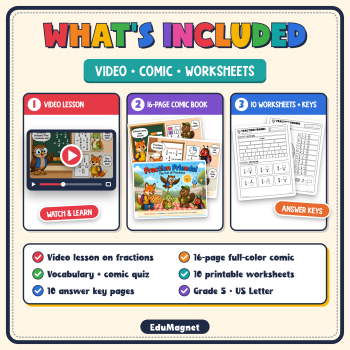 Fractions Bundle Grade 5 | Video Lesson, Comic Book & Worksheets | Equivalent, Adding & Subtracting Fractions, image 2